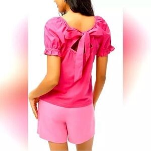 J. Crew Tie-Back Top in Hot Pink Puff Sleeves Romantic Coquette Size Medium